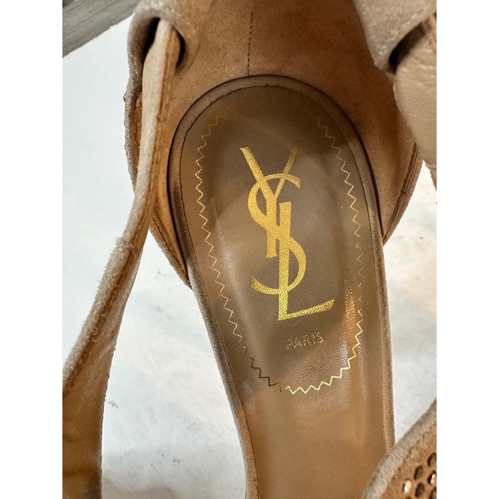Yves Saint Laurent YSL Tribute Sandals Size 38.5 Beige Suede Studded Platform - Picture 4 of 15